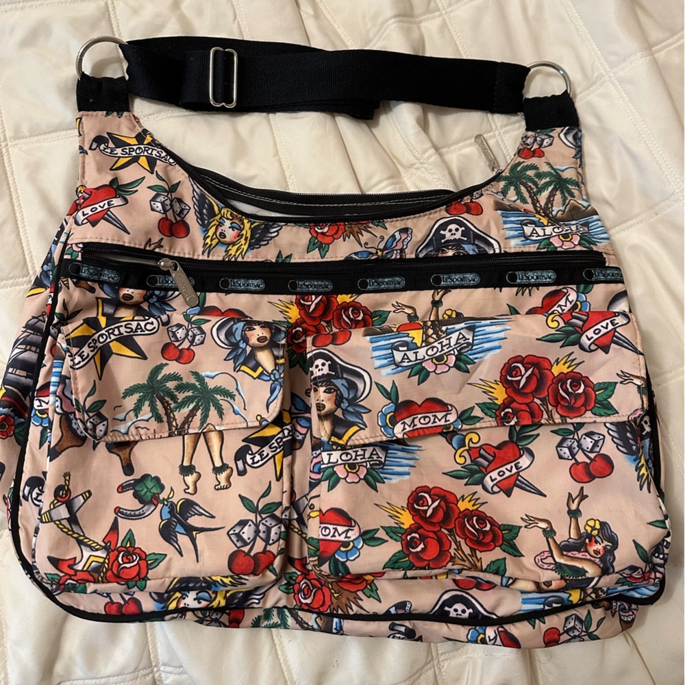RARE LeSportsac Sailor Jerry Tattoo Vintage Aloha Pinup Pirate, EUC, Hobo, purse
